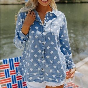 Chambray Stars Button Down Shirt Small Raw Hem Americana Minimalist Frayed NWT